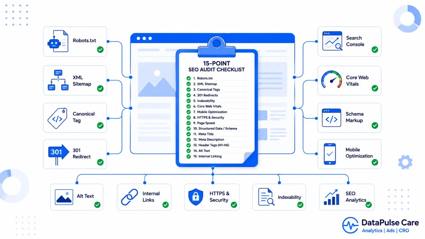 Technical SEO audit checklist illustration showing key website optimization elements including robots.txt, XML sitemap, canonical tags, Core Web Vitals, schema markup, mobile optimization, internal linking, and Search Console.