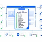 Technical SEO audit checklist illustration showing key website optimization elements including robots.txt, XML sitemap, canonical tags, Core Web Vitals, schema markup, mobile optimization, internal linking, and Search Console.