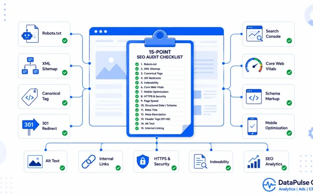 Technical SEO audit checklist illustration showing key website optimization elements including robots.txt, XML sitemap, canonical tags, Core Web Vitals, schema markup, mobile optimization, internal linking, and Search Console.