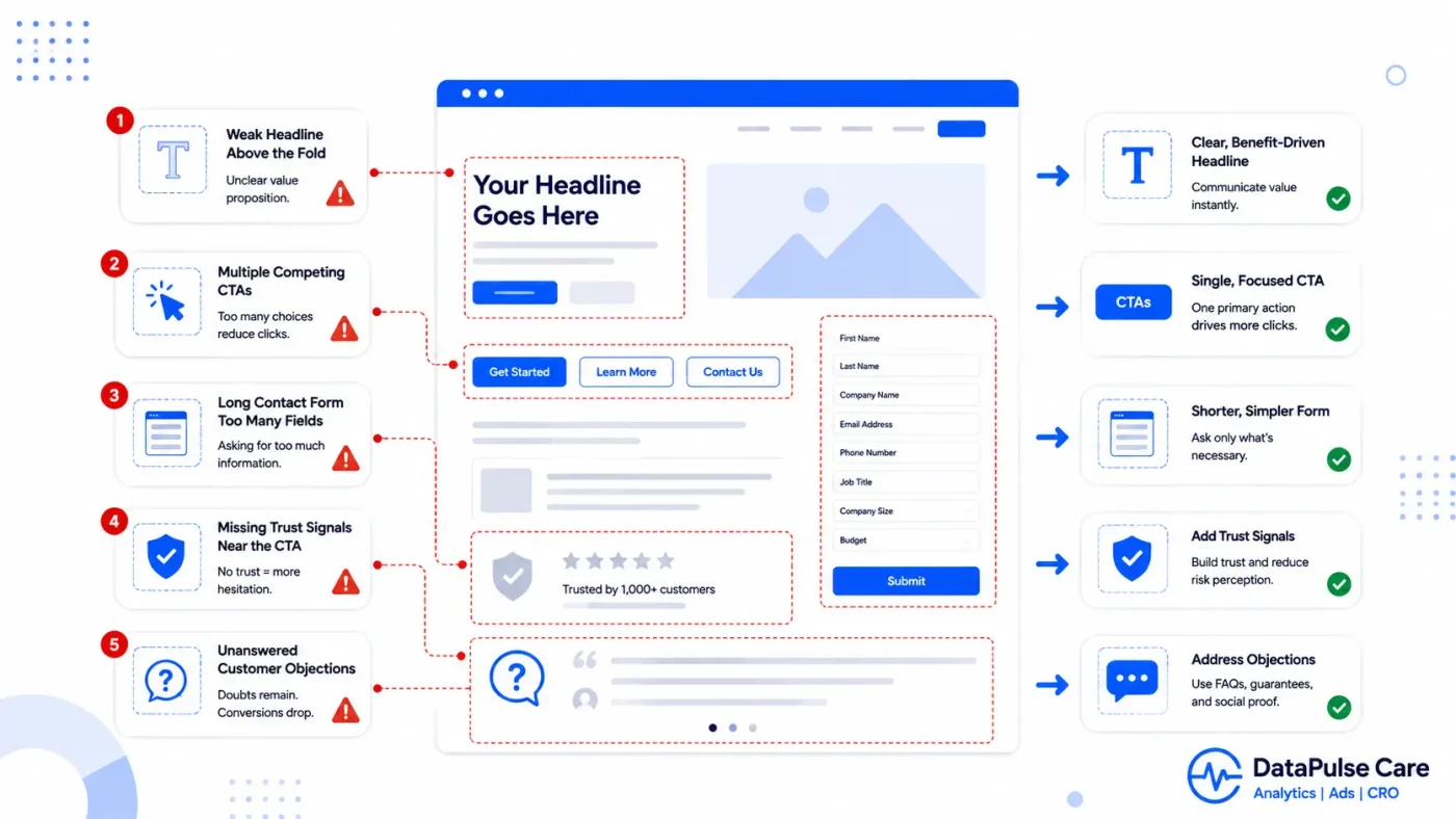 Landing page conversion rate optimization illustration showing five common CRO mistakes, including weak headlines, multiple CTAs, long forms, missing trust signals, and unanswered customer objections.