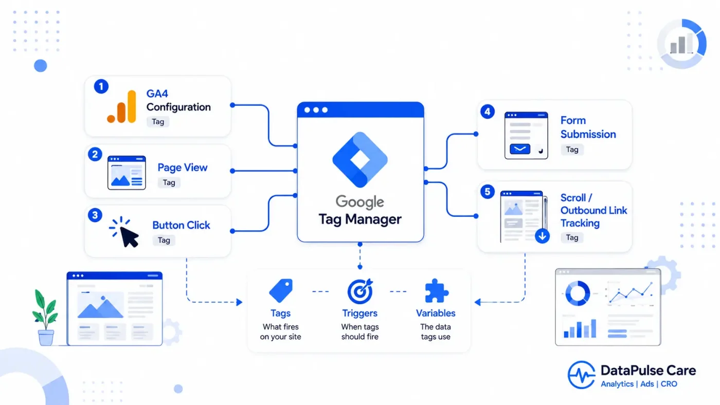 Vector illustration showing the five essential Google Tag Manager tags, including GA4 configuration, button click, form submission, page view, and scroll tracking.