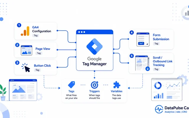 Vector illustration showing the five essential Google Tag Manager tags, including GA4 configuration, button click, form submission, page view, and scroll tracking.