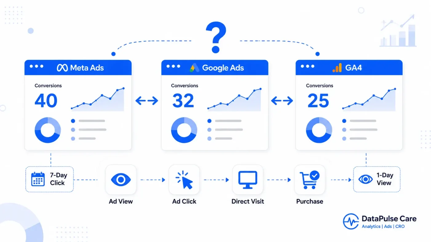 Illustration comparing Meta Ads, Google Ads, and GA4 attribution windows with different conversion reporting.