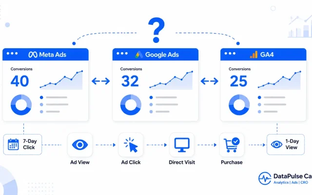 Illustration comparing Meta Ads, Google Ads, and GA4 attribution windows with different conversion reporting.