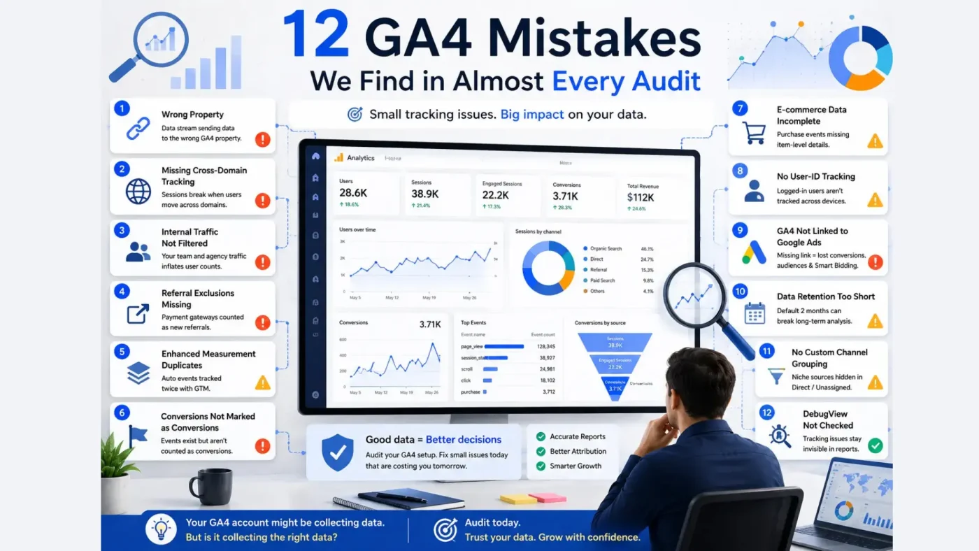 Illustration showing the 12 most common GA4 audit mistakes, including tracking, conversions, e-commerce, Google Ads linking, and DebugView checks.