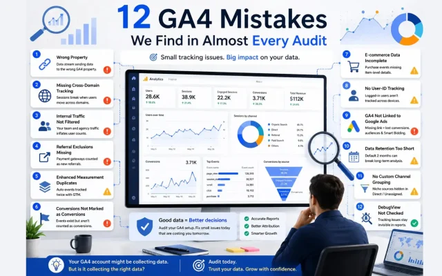 Illustration showing the 12 most common GA4 audit mistakes, including tracking, conversions, e-commerce, Google Ads linking, and DebugView checks.
