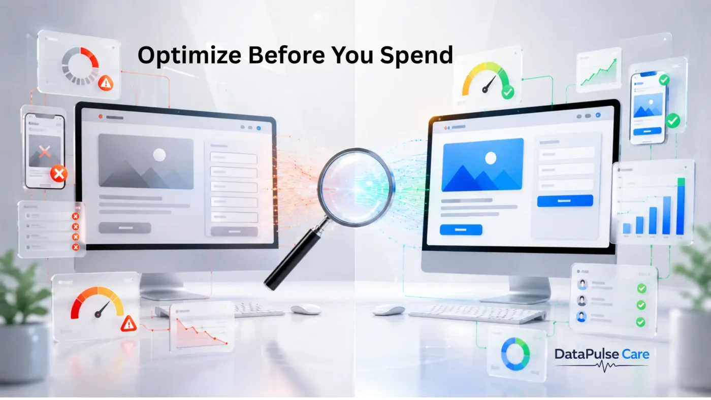 Landing page audit showing website optimization, UX improvements, conversion rate optimization, SEO checks, and performance analysis before running Google Ads campaigns.