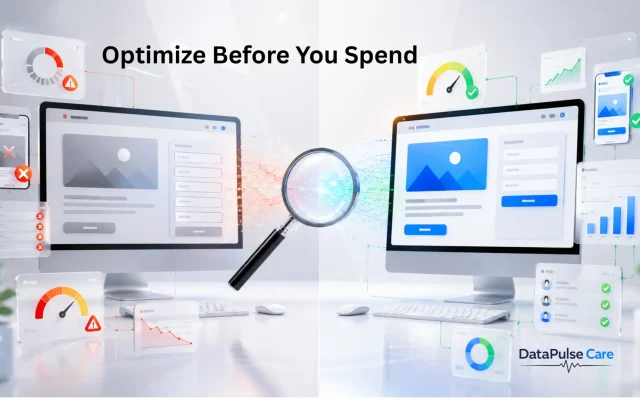 Landing page audit showing website optimization, UX improvements, conversion rate optimization, SEO checks, and performance analysis before running Google Ads campaigns.